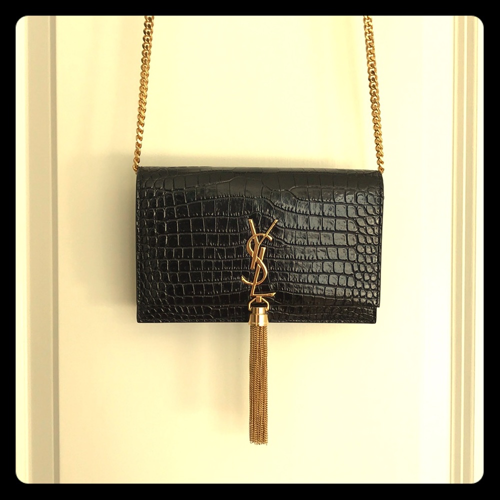 Small Gold Tassel Chain Bag in Black Embossed Croc